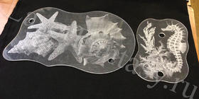 Тема моря в исполнении лазерной гравировки на фигурных оргстеклах с установкой подсветки далее.