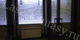 Гравировка карты района на стекле 1500 х 1500 х 6 мм с подсветкой в интерьере входной группы в ЖК Лефортово.